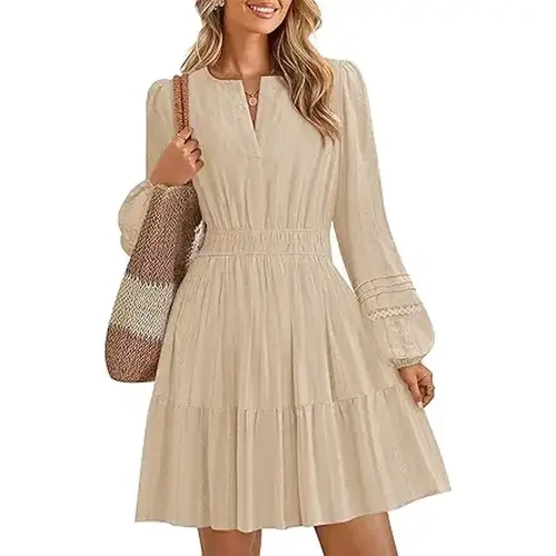 ZESICA Women's 2026 Spring Long-Sleeve V-Neck High-Waist Ruffle Pleated A-Line Mini Cocktail Dress with Hidden Pocket, Chic Going Out Outfit for Dinner Date, Brunch