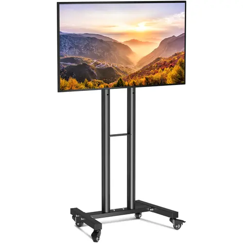 Forging Mount Freestanding Wheeled Forged Metal Mobile TV Stand - 23-60 in Fit Range, Height-Adjustable, TV Shelf, Curved/Flat LCD LED Screen Compatible, Rolling Reposition, Modern Living Room Indoor Furniture
