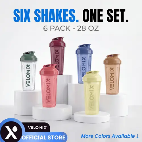 VELOMIX Unisex 6-Pack 28oz BPA-Free Leak-Proof Lightweight Polypropylene Shaker Tumblers, Portable Sports Water Bottles with Wire Whisk Mix for Office, Gym Pre-Workout Essentials, Built to Last