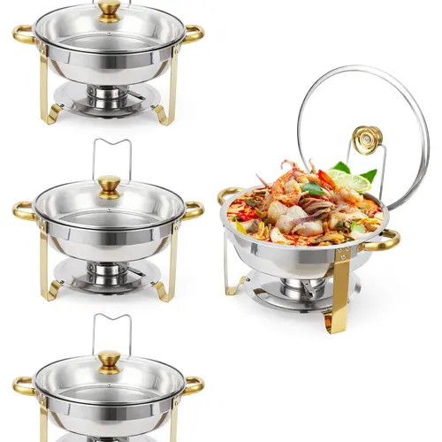4-Pack 5QT Stainless Steel Round Chafing Dishes Buffet Set - Bakeware, Thermal Casserole Dish, Heat Retention, Visible Glass Lids, Lid Holders, Food & Water Pans, Gold Kitchen Accessories, Ideal for Party Catering, Dessert Serving, Server Accessories