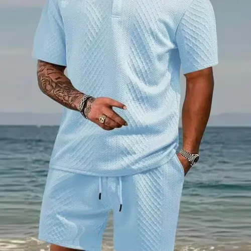 Men's summer casual texture fabric solid color polo shirt T-shirt shorts 2-piece set, loose fit suitable for casual sports, breathable and cool, essential summer outfit, comfortable and versatile  Menswear Plain, Tropical Shortsleeve