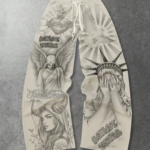 Street Life Unisex Casual Wide-Leg Religious Style Pants, Apricot Loose Adjustable Drawstring Waist, Angel Sacred Heart Saint Print Sports Pants for Autumn and Winter, Athleisure Style Bottoms