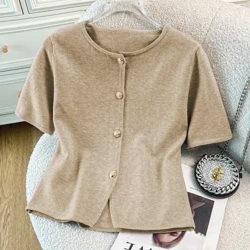 Women's Slim Fit Short Sleeve Round Neck Knit Button Cardigan Knitwear, Plain Pattern Casual Minimalist Basic Style, Fall Knit Top, All-Season Wear, Elegant Fashionable Design, Tops