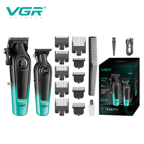 VGR V-196&996 Professional Adjustable Wireless Hair Cutter for Men - Cordless Stainless Steel Barber Clippers & Beard Trimmer Set, 0-Gap T-Blade with LED Display, 300 Minutes Runtime, 7000 RPM Barber Equipment, Gifts for Him (TikTok Shop Back to School)