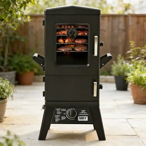 MAISON BACKYARDS (MBY) Large Vertical Propane Smoker - Heavy-Duty Rust-Resistant Steel Body, Rain-Ready Cover, 4 Cooking Grates, 20h Slow Cook Capacity, Fits 6 Whole Chickens/23 Burgers at Once, Smokeless Outdoor Vertical Grill for Barbecue, Tailgating
