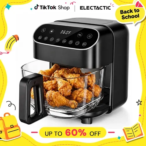 Electactic 4.5QT Cap. Glass Air Fryer - PFAS-Free Dishwasher-Safe Basket, 8 Preset Touchscreen UI, Fries-Steak Presets, 360° View Cooking, Compact Size, No Oil Option for Families, Black