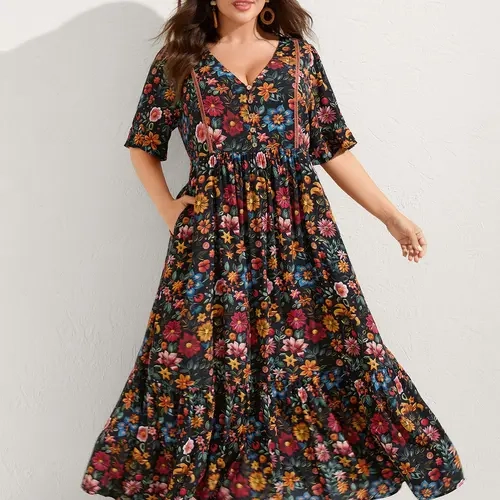 BLOOMCHIC Women's Plus Size Floral Print Maxi Dress [M-6X] - Boho Flowy Long Sleeve Ruffle Dress with Pockets, Smooth, Low Iron, Bohemian Vibe, Curvy Fall Vacation Outfit, Do Not Tumble Dry, SohoChic