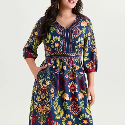 BloomChic Boho Print V-Neck Pockets Mini Dress 【M-6XL】