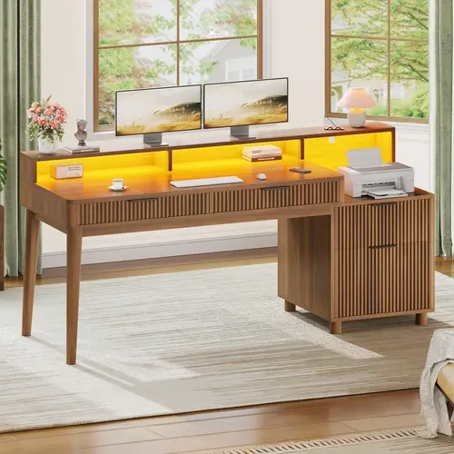 Sedeta 59x19.7in Modern Rectangular Wood Workstation - Sturdy Home Office/Gaming Computer Desk, 4 Storage Drawers, LED Lights with 29 Flash Modes, Power Strip, Practical Desktop Stand, Bedroom Furniture