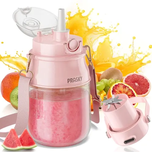PRASKY Portable Blender - 2026 Newly Upgraded 27oz Cordless Citrus Juicer, USB-C Port Rechargeable 70W BPA-Free Dishwasher Safe Personal Smoothie Maker with 1500mAh Battery, Shoulder Strap for Gym Travel, Friends, Usb Port