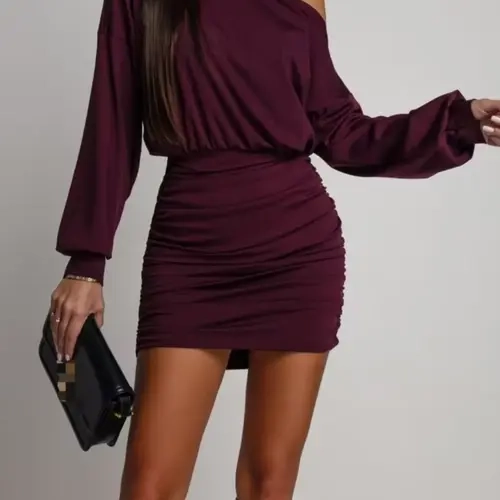 Women's Long Sleeve Drop Shoulder Slim Fit Dress Casual Plain Design, Perfect for Daily Wear & Evening, Stylish
