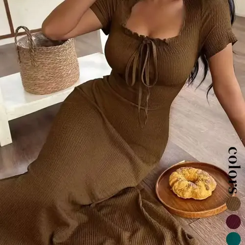 Women's Casual Long Dress Ruched, Slim Fit Short Sleeves Square Neckline Plain Design Basic, Perfect for Daily Wear & Stylish, Ideal Gift Choice Womenswear Lady, Piece