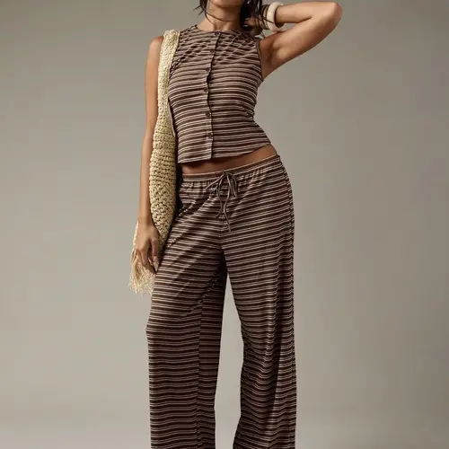 Women's Casual Striped Button-Up Sleeveless Top & Wide-Leg Pants Set, Clothing Sets, Chic Two-Piece Outfit for Everyday Wear, Comfortable and Stylish Matching Design