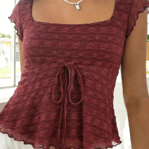Women's Lace Sheer Square-Neck Crop T-Shirt, Vintage Y2K Style Summer Top, Babydoll Shirts, Casual Comfy Tee, Daily Wear Tops