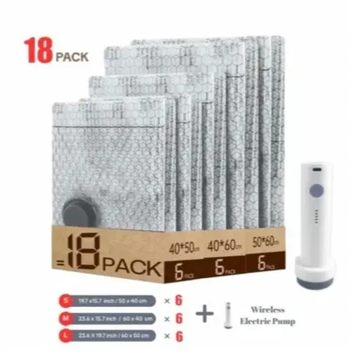 Reusable Compression Space Saving Vacuum Storage Bags (9/18 Pack, 19.7*23.6in) - 18bags+1pump, Cordless Rechargeable Air Pump (4000pa Suction, 140l/min Airflow), Waterproof, Carry-On Size for Luggage, Bedroom Organization