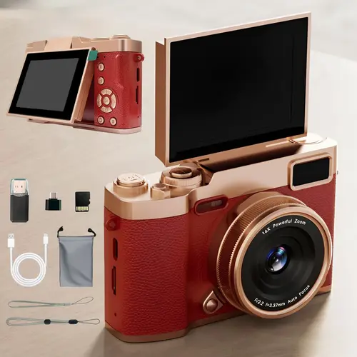 Flip Screen Retro Digital Camera for Teens, Cute Portable Pocket Camera with Filters, Y2K Vintage Style, Entry-Level Beginner with Memory Card, Compact & Perfect Gift, Student Camera
