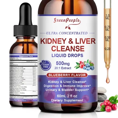 GREENPEOPLE Kidney & Liver Detox – 27-in-1 Drops with Cranberry 20:1 & Chanca Piedra for UTI & Liver Health – Blueberry Flavor, 2oz