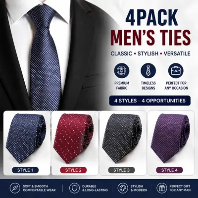 Value 4-Pack Classic Male Neckties - Multicolor Stripe, Solid, Plain Skinny Polyester Ties, 57.5in Length, 3.1in Width, for Business Formal Office, Wedding, High-Quality Daily Wear, Plain Ties