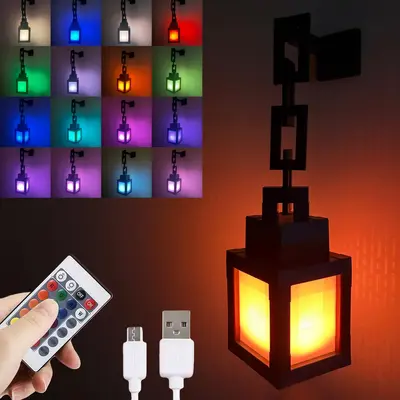 Pixelated Lantern Night Light - USB Rechargeable Night Lamp - 16 Colors LED Mood Light Touch Switch & Remote Control - Wall or Table Mounting Lights, Ideal for Room, Game Room Decor, Gifts for Boys Colorful Backlight Adjustable Rgb Lighting
