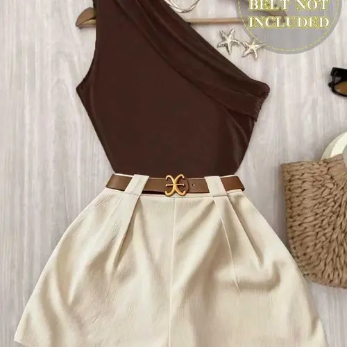 Women's Spring and Summer Solid Knitted Casual Fashion Commuter High Stretch Fit Pleated Sleeveless Top & Elastic Waist Shorts Set, Two Piece Set Women, Womenswear Clothes