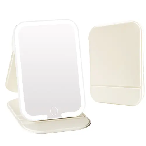 Sunrat Rechargeable LED Compact Handheld Adjustable Lighted Mirror (Beige) - 3 Adjustable Angles, 3 Color Temperature Settings, Touch Controls, No Fumbling, Lightweight PVC, Useful Mini Gifts, Travel-Friendly Beauty Tool for Home & Office