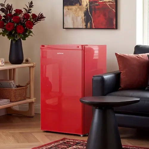 Upstreman Red Compact Mini Fridge with Freezer (3.2 Cu.Ft Space), Retro Home Appliance - Portable, Temp-Adjust Thermostat (33.8°F to 46.4°F), Energy-Saver, 38 dB Quiet Run, Reversible Door, for Dorm, Office