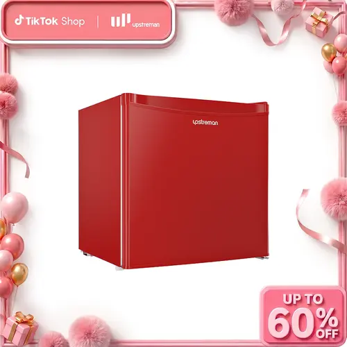Upstreman Compact 1.7 Cu Ft (1-1.9 Cu Ft Range) Glossy Red Plastic Freestanding Mini Fridge with Separate Freezer, Adjustable Thermostat, Eco-Friendly Energy-Saving, 38dB Quiet Run, Single Door for Dorm, Bedroom, Office