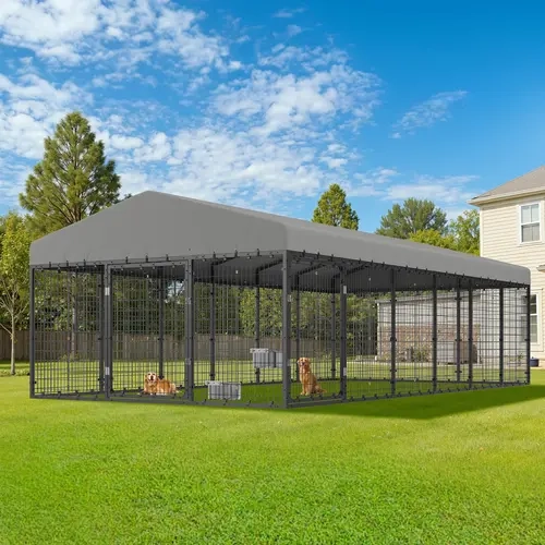AMERLIFE 3 Size Large Outdoor Dog Kennel, Flexible 2 Door Design & Waterproof Roof, Heavy Duty Steel Frame Pet Cage with Reinforced Mesh, Secure Outside Dog Kennel for Dogs, Pets, Farm & Backyard Spaces[TikTokShopFallDealsForYou]