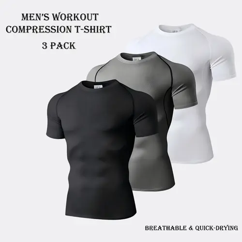 Men's 3-Pack Knitting Compression Shirts - Short Sleeve Plain Drop Shoulder, Quick Dry, Active Stretch, Breathable Moisture Wicking Sports Tops for Gym, Soccer