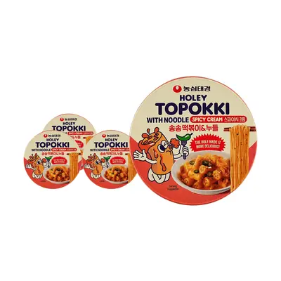 Nongshim Korean Tteokbokki Spicy Cream Flavor Rice Cakes with Noodles - 4 Pack (118g Each) - Instant Microwaveable Cup - Authentic Korean Snack