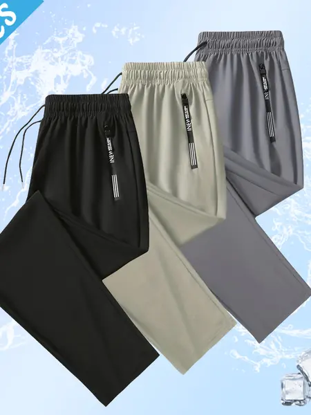 Men’s 3-Pack Lightweight Ice Silk Casual Athletic Pants — Drawstring Waistband, Zipper Pockets, Skin-Friendly and Comfortable, Suitable for Warm Weather and Everyday Wear.