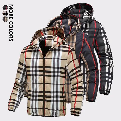 Men’s Lightweight Hooded Jacket – Retro Street Style Color Block Plaid Zip-Up, Adjustable Drawstring Hood, Windproof Comfortable for Spring, Fall, Daily Commute & Outdoor Activities