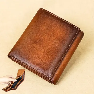 Men’s Trifold Wallet - Premium Genuine Cowhide & Calfskin, RFID Blocking, 2 ID Windows, Large Capacity with Photo Slot, Vintage Style, Buckle Fasten, Plain Accessory, Father’s Day Gifts for Him, Men’s Stuff for Daily Use