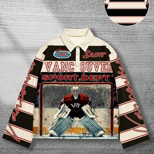 Y2K fashion striped polo collar long sleeved t-shirt for men, sports ice hockey player printed striped shirt collar long sleeved unisex street fashion sports long sleeved t-shirt Instagram style, Casual Sportswear, Sportswear Top