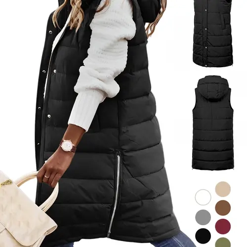 UMIPUBO Basic Lady's Casual Puffer Vest - Women's Winter Hooded Sleeveless Zip-Up Long Warm Thick Quilted Outerwear Tops with Pockets