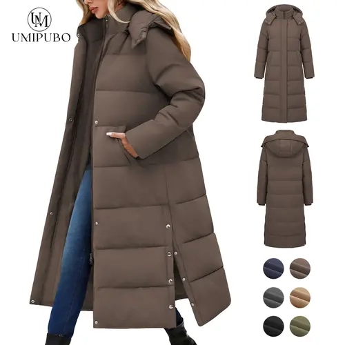 UMIPUBO Lady's Long Sleeve Calf-Length Maxi Puffer Down Coat, Winter Warm Padded Outerwear with Removable Faux Fur Hood, Full-Zip Parka Tops, Detachable Fur, Removable Hood