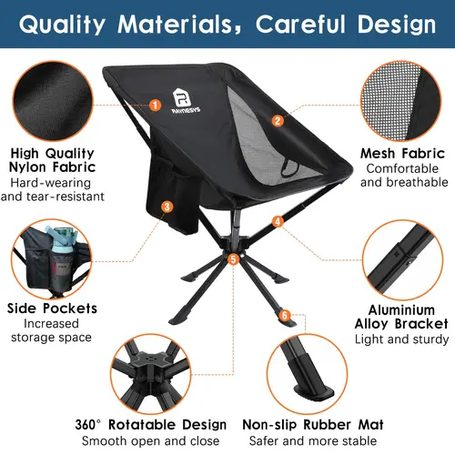360° Rotatable Nylon-Aluminium Alloy Folding Chair - High-Quality Hiking Camping Furniture, 3.8Lb Lightweight Frame, Compact Foldable, Quick Setup, Half-Moon Back, Anti-Skid, Backpack-Size Pack, High-Quality Materials, 1-Pack