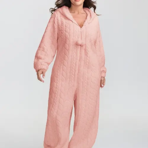 BloomChic Women's Plus Size Oversized Loose Hooded Longsleeves Fleece Onesie (M-6X) - Half-Zip Basic Fit Pocketfree Ease Cozy Winter Loungewear, Soft Warm Polyester Pajama Romper for Back to School
