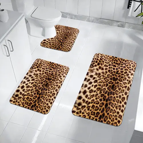 Water-absorbent and Non-slip Leopard Print Bathroom Mat 3-Piece Set, Bathroom Entrance Mat + Toilet U-shaped Mat + Shower Area Non-slip Mat
