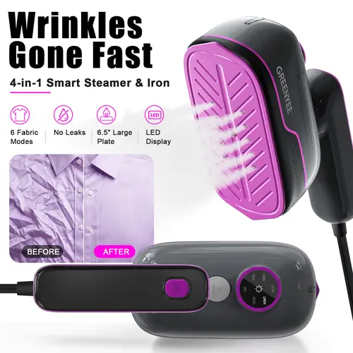 GREENYEE 2-in-1 Smart Garment Steamer & Iron for Clothes, No-Leak Handheld Travel Steamer with 6 Fabric Modes, LED Display, 6.5” Large Plate, 150ml Tank for Home, Work & Travel#SummerWins #DealsForYouDays