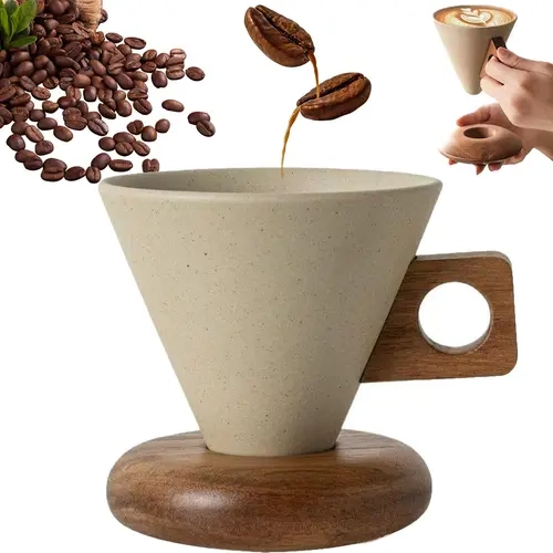 Retro Vintage Striped Conical Ceramic Coffee Mug with Solid Wooden Handle and Coaster, Aesthetic Home Supply for Everyday Use, Bathroom Tumbler for Back-to-School