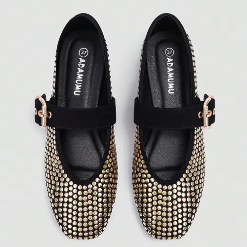 Women's Mary Jane Flat Shoes, Walking Shoes with Stud Embellishment, Comfortable Footwear for Daily and Party Wear, Metal Buckle Strap and Rubber Sole, Square Toe Flats, Casual Elegant Flats