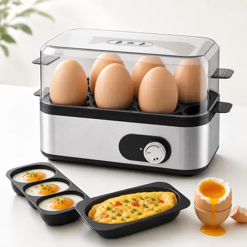 TMWINGS Fully Automatic Countertop Egg Cooker - 6-Capacity, 3 Trays Appliance with Auto Shut-Off, BPA-Free, for Soft/Medium/Hard Boiled, Scrambled, Omelet, Egg Poacher, Healthy Eating (Home, Camping, Outdoor) - Ideal for Always Busy Users