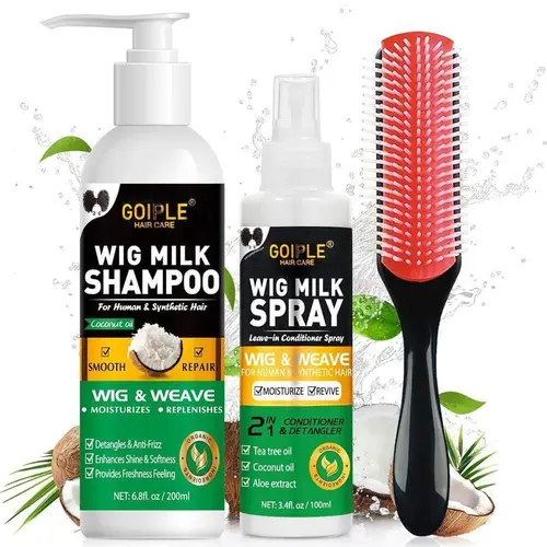 Wig Shampoo for Synthetic Wigs & Wig Milk Spray for Synthetic Hair, Detangle and Anti-Frizz, Cleansing-Inspired Care for Daily Use Conditioner Haircare Cleansing Cleanser