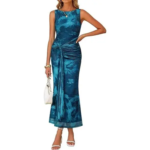 ZESICA Women's 2026 Summer Sleeveless Bodycon Maxi Dress - Round Neck, Ruched Mesh, Adjustable Belt, Double-Lined, Low Iron Chic Clothing, Elegant Classy Flattering Wedding Guest Dress for Wedding, Night Out