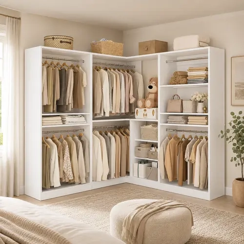 Homieasy 108'' Corner Closet System, 3-Piece L-Shaped Closet Organizer with 2 Closet Towers and 1 Corner Unit, Heavy Duty Wood Garment Rack with 6 Hanging Rods, Freestanding Walk-in Wardrobe