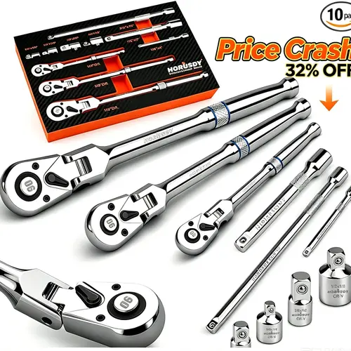 HORUSDY 10pcs Flex-Head Ratchet Set - Industrial & Portable Spanners & Wrenches, 1/4", 3/8", 1/2" Drives, 90-Tooth Precision Gear Quick Release, 180° Flex Head Design, Extensions, 4 Adapters for DIY Repair