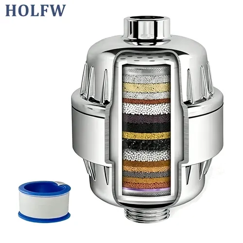 HOLFW 15-Stage Filtered Shower Filter for Skin Care Users, Universal Multi-Layered ABS Water Softener with Water Softening, Removes Chlorine, Reduces Fluoride Exposure, Relieves Skin Issues & Eczema, Easy Installation