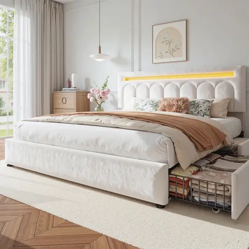 Raybee Luxury Bed Frame for Queen with 4 Storage Drawers, Upholstered Bed Frame with LED Lights, Fancy Platform Bed Frames with Headboard, Metal Frame & Wood Slats, Holds 1000lbs, Easy Assembly, Noise Free, Beige, Gray, Full, King