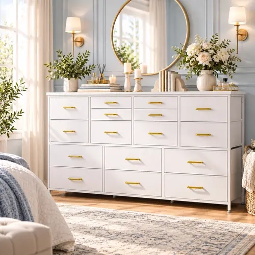 RaybeeFurniture Long Dresser for Bedroom with 16 Fabric Drawers, Modern Dresser with Charging Station, TV Stand for 60" TV Dressers & Chest of Drawers for Bedroom, Living Room, Closet